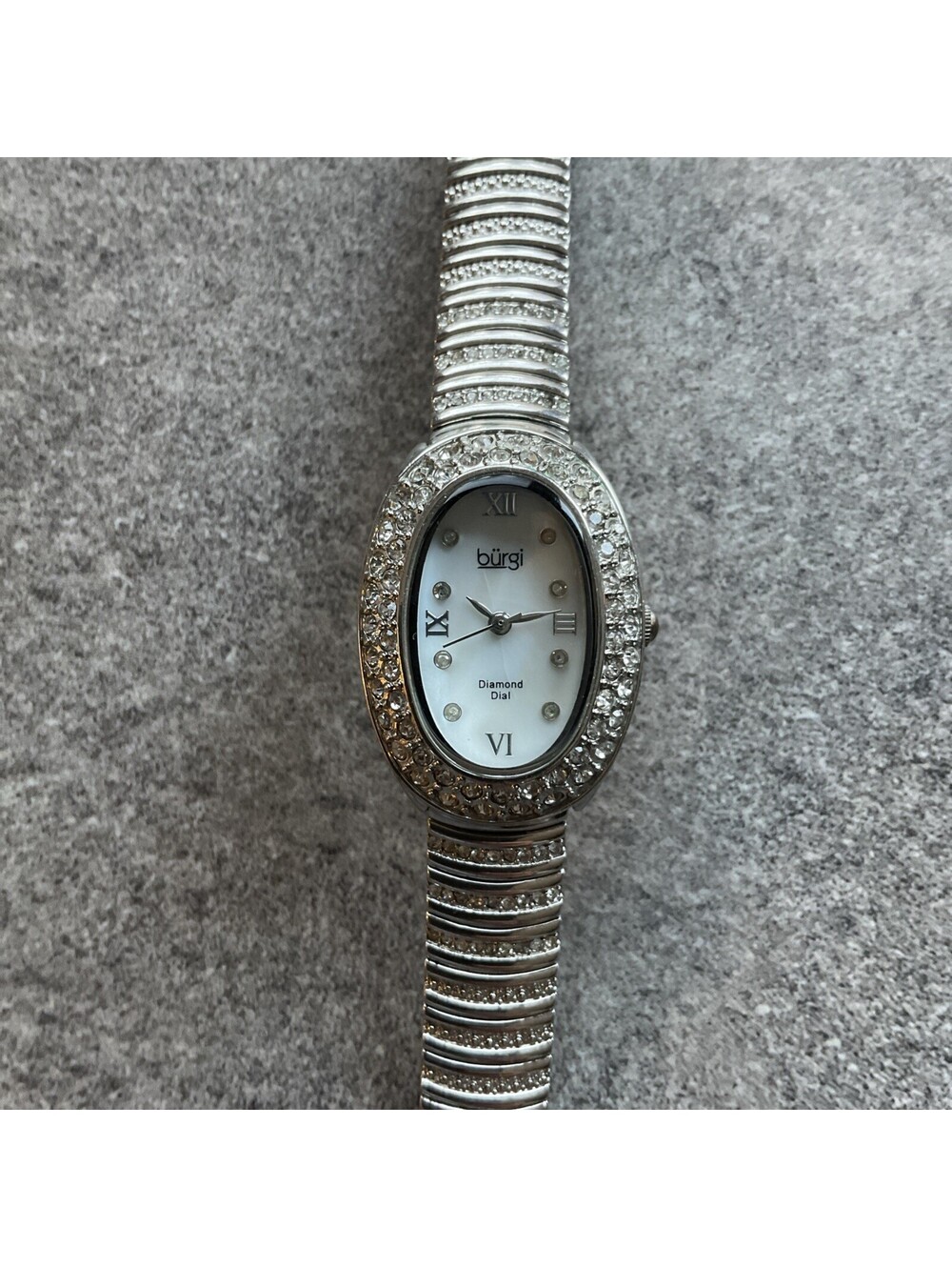 Beautiful Burgi Diamond Dial Womens Watch 28mm Silver Tone Case/Band MOP Dial BV